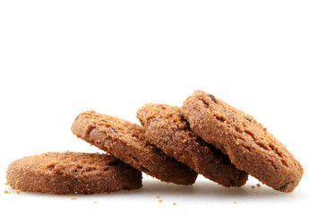 Chocolate chip cookie on white background.