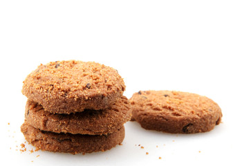 Chocolate chip cookie on white background.