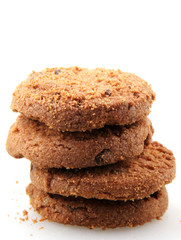 Chocolate chip cookie on white background.
