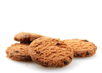 Chocolate chip cookie on white background.