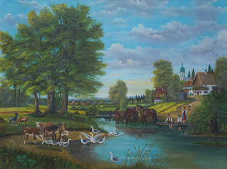 Gemälde vom Leben am Fluß am Rande einer Ortschaft