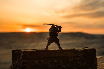 Fighter with a sword silhouette a sky ninja. Samurai on top of mountain with dark toned foggy...