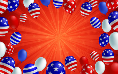 Obraz premium Red color burst background poster flyer banner. American flag balloon vector design. Holiday celebration concept template.