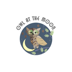 Vector illustration of owl sitting on the moon. night wild forest
