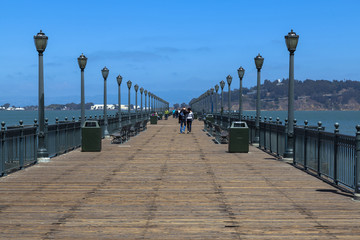 Pier7 in San Francisco , view to Alcatraz Island, California, USA