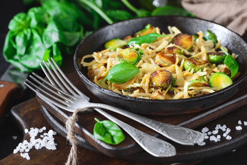 Soy vermicelli, fried garlic, Brussels sprouts
