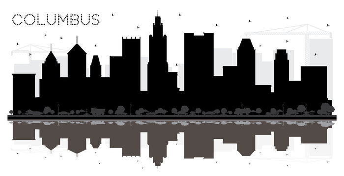 Columbus Ohio City skyline black and white silhouette with Reflections.