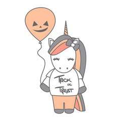 cute cartoon halloween vector illustration with unicorn and pumpkin balloon 