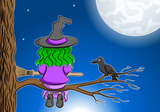 witch sitting on a branch enjoying the full moon