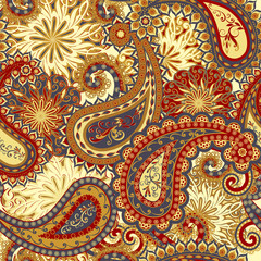 Abstract vintage pattern with decorative flowers, leaves and Paisley pattern in Oriental style.