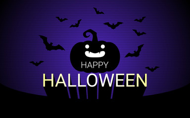 Happy Halloween banner with smiling pumpkin on dark background design. Halloween celebration concept advertising vector illustration.