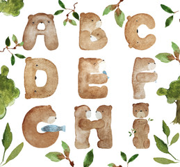 Funny Watercolor alphabet with cute J K L M N O P Q R bears characters on white background