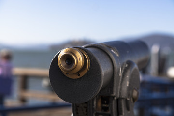 Binoculars in San Francisco towards Alcatraz Island, California, USA