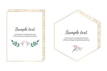 Geometric polygonal frames with golden lines, triangles, hexagon and leaves. Botanical design templates for wedding, invitation, save the date, banner, poster, card, placard, flyer, invite, greeting