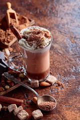 Cocoa with cream, cinnamon, chocolate pieces and various spices.