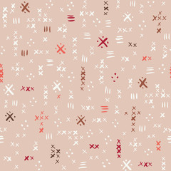 Hand drawn clay tones tribal marks, cross stitches on beige background vector seamless pattern. Abstract geometric print