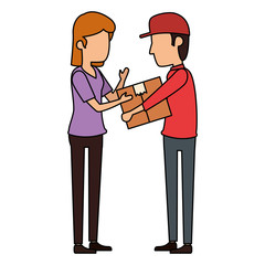 delivery worker lifting box and receiving woman