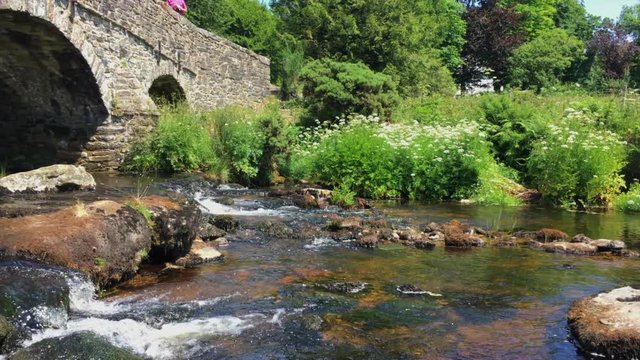 Pan from right to left of East Dart River near Postbridge in Dartmoor, UK