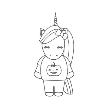 cute cartoon black and white halloween vector illustration with unicorn 