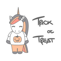 cute cartoon hand drawn lettering trick or treat halloween vector card illustration with unicorn 