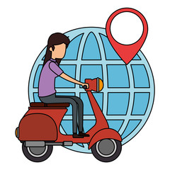 woman driving scooter and planet