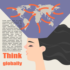 Conceptual image of a global thinking. The girl with a map in her head.