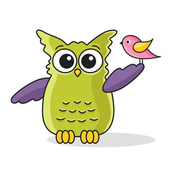 Icon of cute green owl with bird