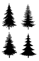 Christmas Fir Trees Set, Black Silhouette Pictograms Isolated On White Background, Winter Holiday Symbols. Vector