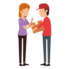 delivery worker lifting box and receiving woman