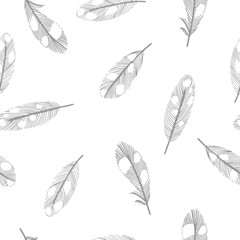 Vector seamless pattern with feathers on a white background.