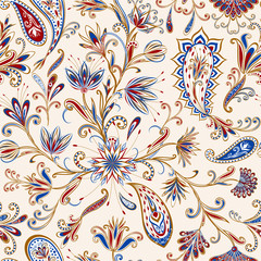 Abstract vintage pattern with decorative flowers, leaves and Paisley pattern in Oriental style. - 222422141