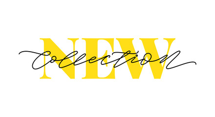 New collection yellow text on white background. Modern brush calligraphy. Vector illustration. Hand drawn lettering word. Design for social media, print lables, poster banner etc