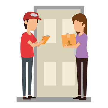 delivery worker with woman receiving in door