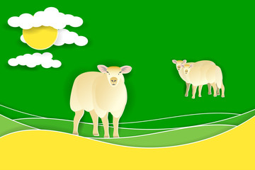Obraz na płótnie Canvas Sheep on a green pasture. Paper cut shapes and layers