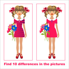 Vector illustration for development of mindfulness in children of primary school and before school age. Find ten differences. A cartoon girl standing in a red dress with a bouquet of flowers