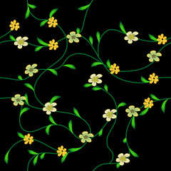 Vector seamless floral pattern with small yellow flowers against the background of interwoven stems and leaves on black