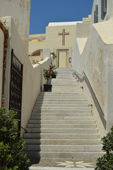 Beautiful Entrance Through A Stairs To One Of The Churches Of The Beautiful City Of Fira On The Island Of Santorini. Architecture, landscapes, travel, cruises. July 7, 2018.  Santorini, Thera. Greece.