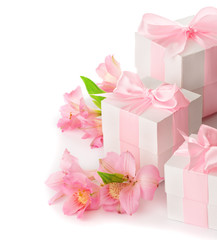 Pink flowers  and gifts isolated on white background