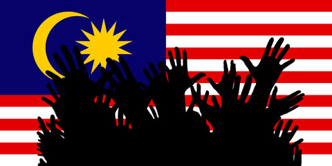 Hands up silhouettes on a Malaysia flag. Crowd of fans of soccer, games, cheerful people at a party. Vector banner, card, poster.