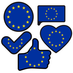 Flag of European Union in the shape of Button, Heart, Like, Check mark, flat style, symbol of love for his country, patriotism, icon for Independence Day.