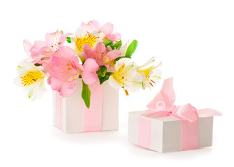 Beautiful bouquet of pink Alstroemeria in a gift box
