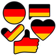 Flag of Germany in the shape of Button, Heart, Like, Check mark, flat style, symbol of love for his country, patriotism, icon for Independence Day.