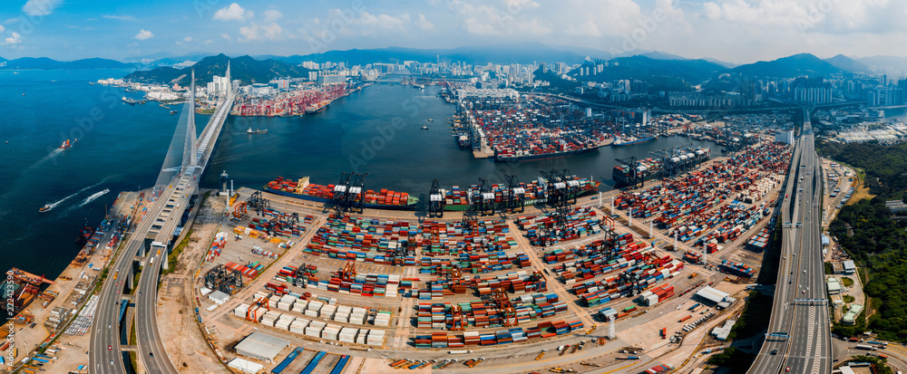 Poster panorama aerial view of hong kong kwai tsing container terminal