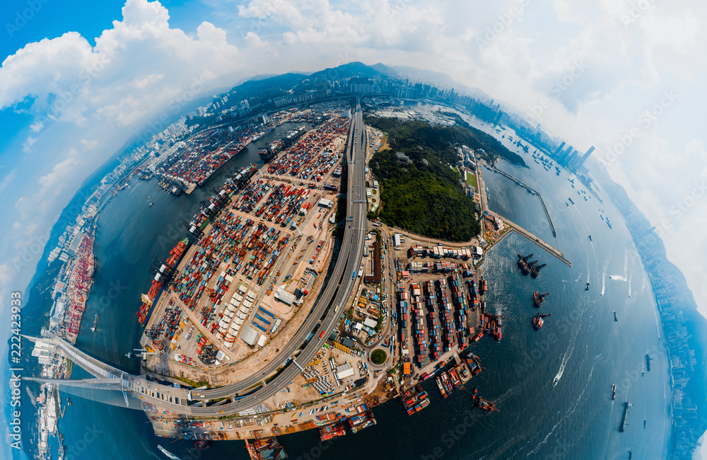 Poster panorama aerial view of hong kong kwai tsing container terminal