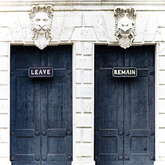 Square: Composite of two doors on Grand Canal in Venice with Dante's Leave/Remain signs
