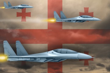Georgia air forces strike concept. Air planes attack on Georgia flag background. 3d Illustration