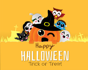 banner halloween ,trick or treat with pumpkin,dracula,bat,mummy,ghost,owl,zombie,paper cut