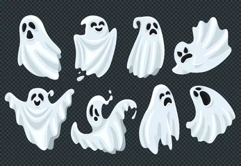 Rolgordijnen Spooky halloween ghost. Fly phantom spirit with scary face. Ghostly apparition in white fabric vector illustration set © Tartila