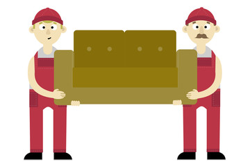 Грузчики носильщики несут переносят держат диван кресло мебель