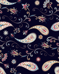 Abstract vintage pattern with decorative flowers, leaves and Paisley pattern in Oriental style.